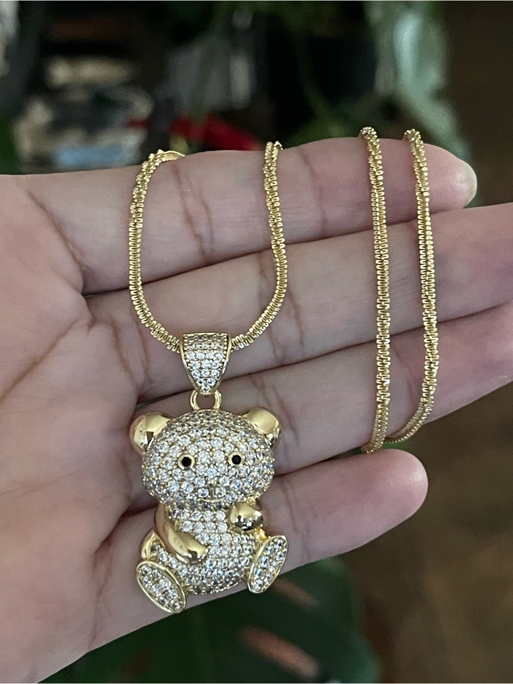 Gold Teddy Bear Pave Pendant Necklace - Gold
